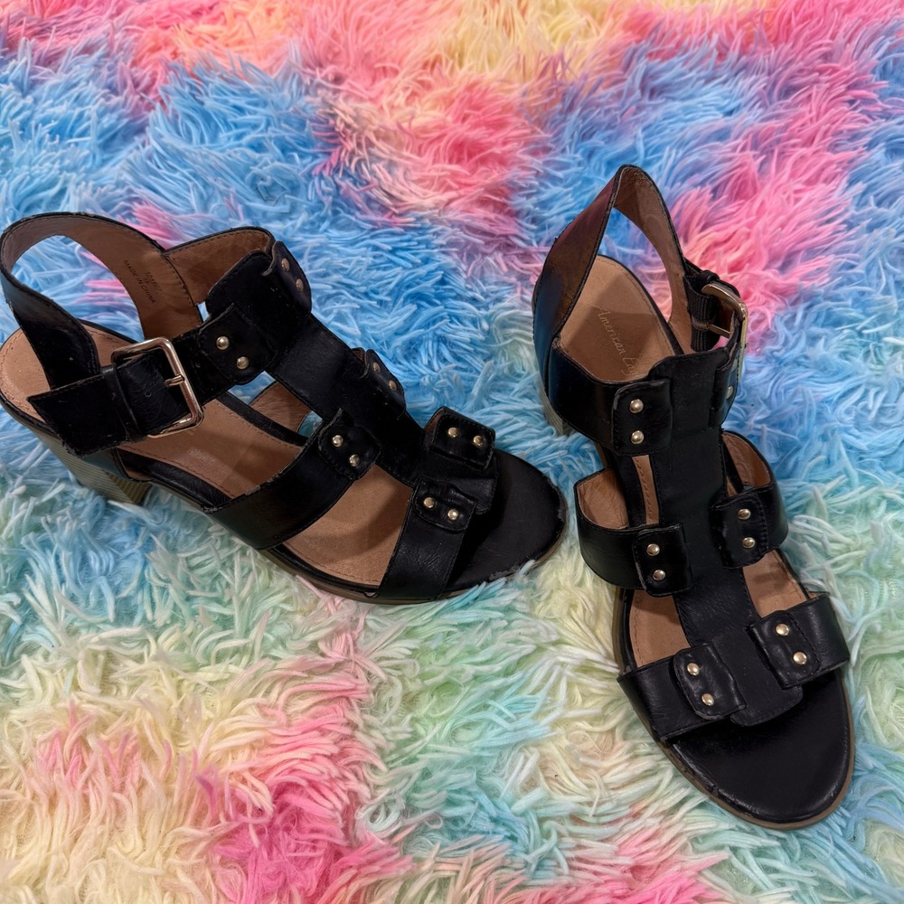 American Eagle Gladiator heels Sandals Womens 7.5 Black Studded Block - Picture 2 of 10